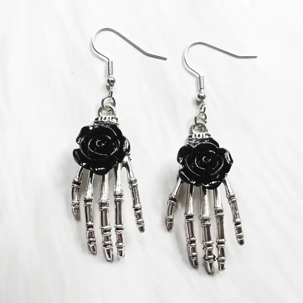 Gothic Rose Skeleton Hand Dangle Earrings - Silver & Black - NEW